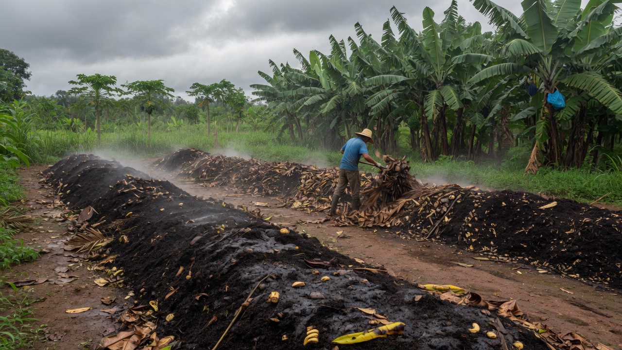 Pilas de bocashi fermentado en finca a partir de orgánicos recolectados