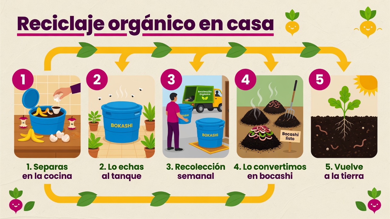 Gráfico: separar en cocina, echar al tanque, recolección semanal, bocashi en finca y retorno a la tierra