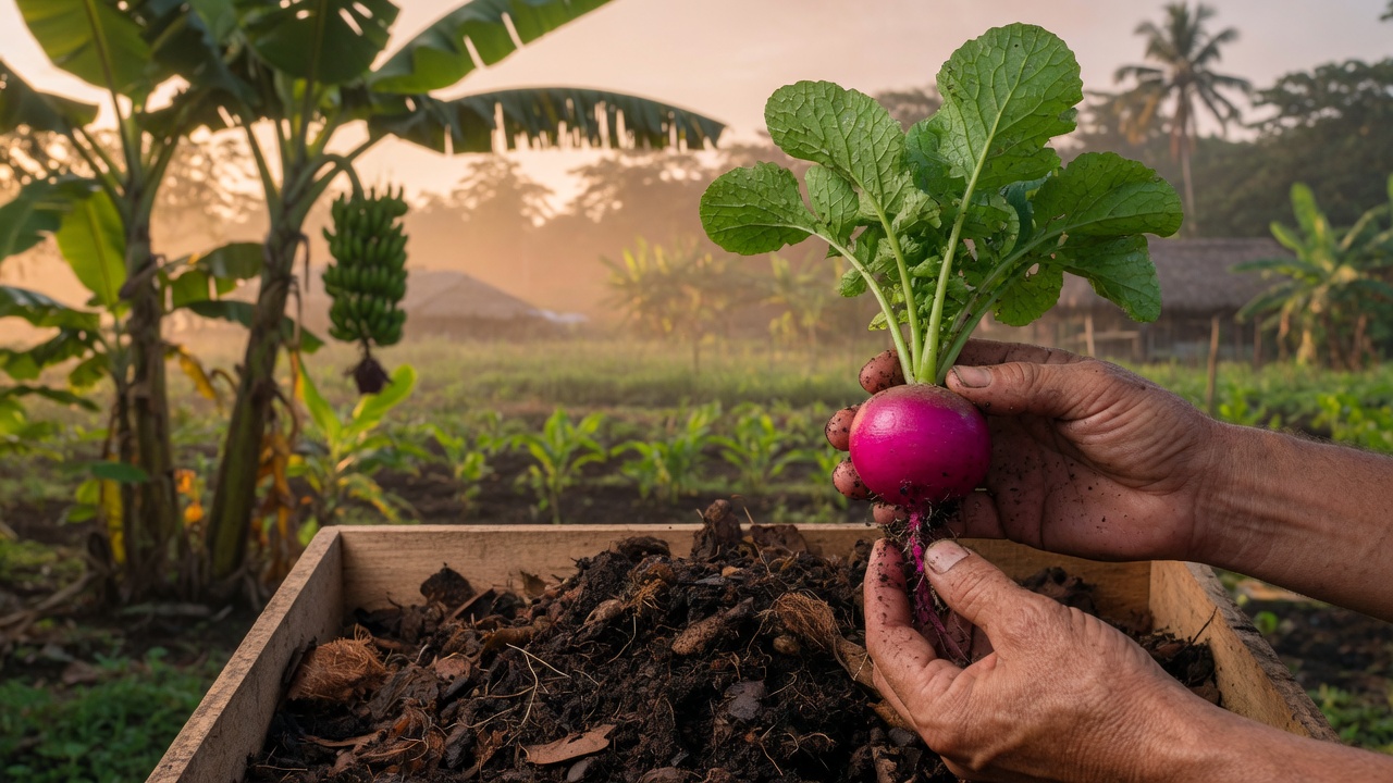 Rábano recién cosechado sobre compost vivo