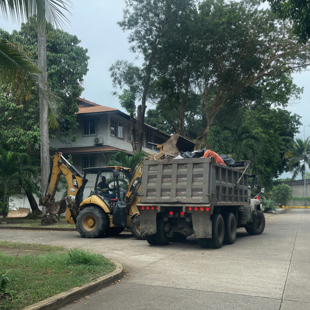 Recolección de residuos de jardinería con retroexcavadora y volquete