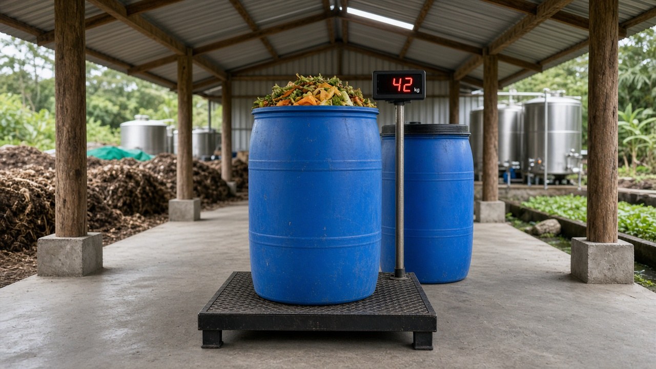 Tanque azul lleno de orgánicos en báscula dentro de la biofábrica