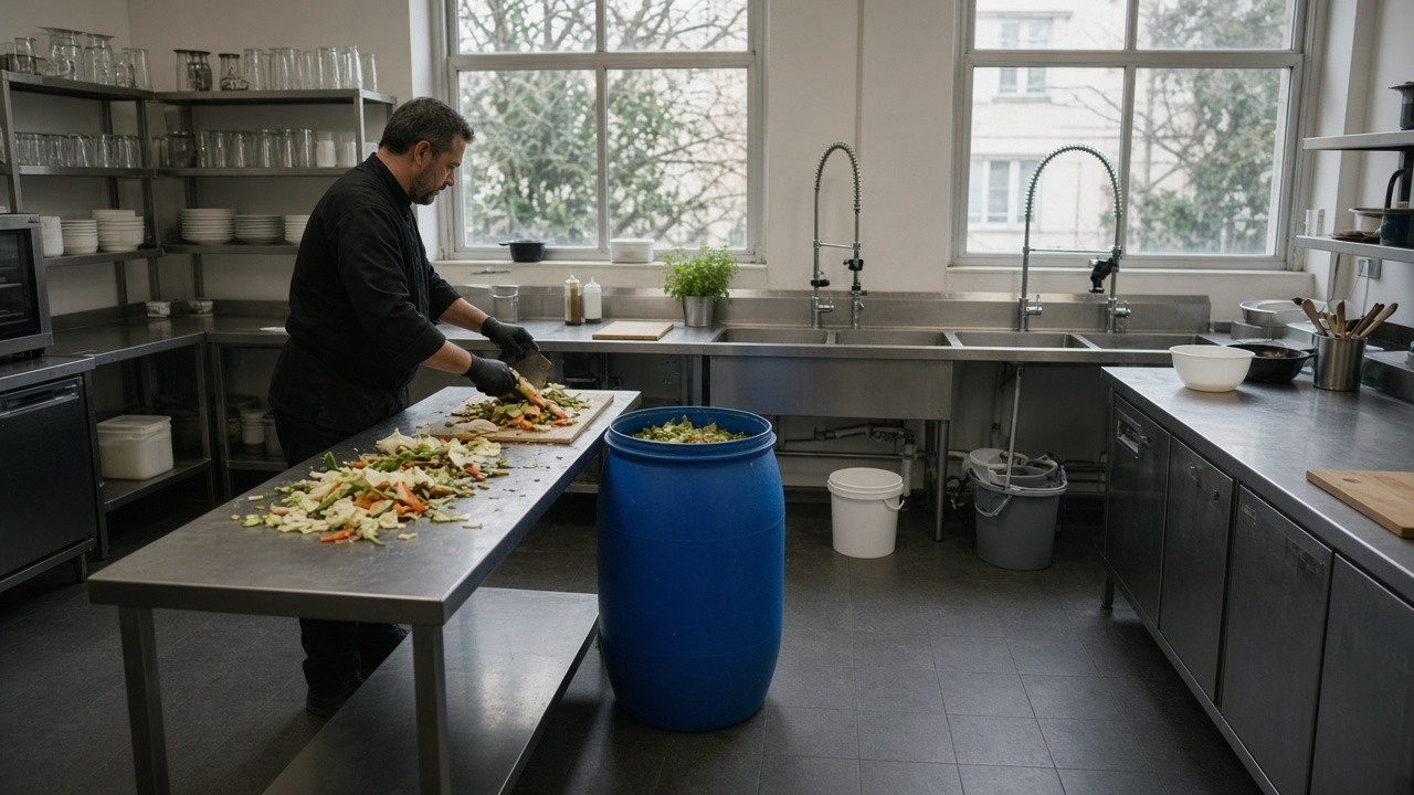 Cocina depositando orgánicos vegetales en un tanque azul