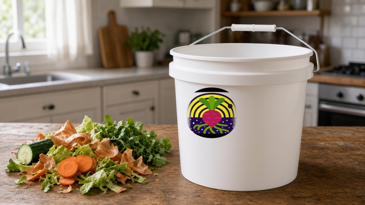 Tanque de 5 galones con logo real Residuos Dinámicos y vegetales cortados en cocina de casa