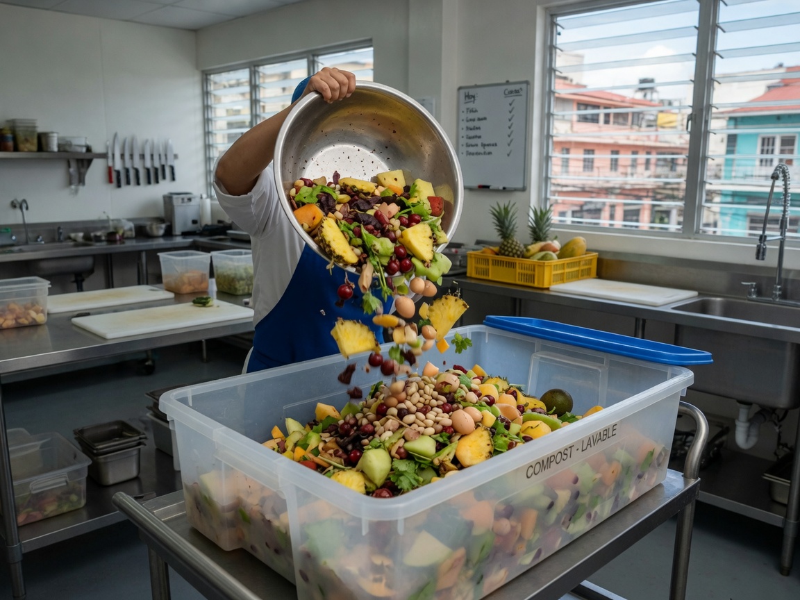 Residuos vegetales orgánicos en contenedor de cocina