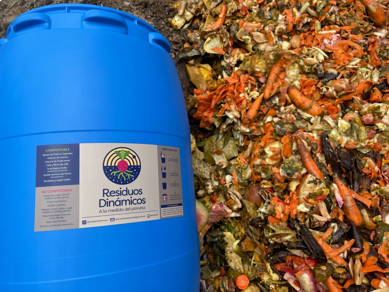 Residuos Dinámicos returnable tank next to vegetable scraps