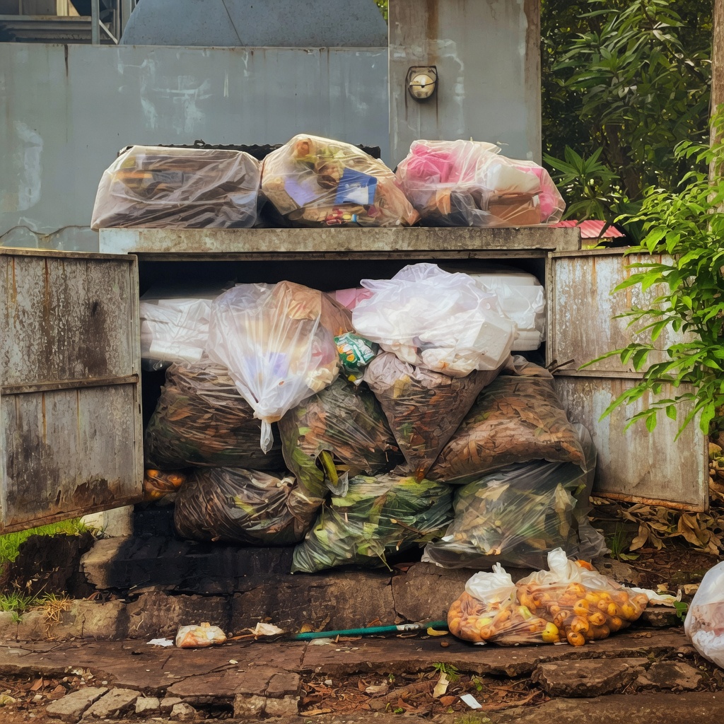 Contenedor saturado de residuos orgánicos en bolsas